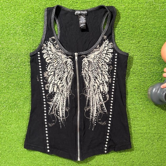 Los Angeles Apparel Tops - Vintage Y2K LA Bus Stop Rhinestones Angel Wings Zip Up Biker Tank Top Small